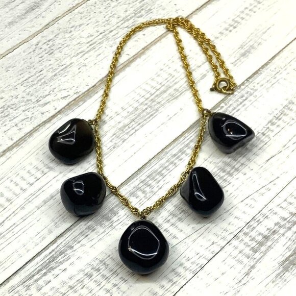 Natural Stone Fringe Necklace Gold Tone Chain 17 Inch Length - Picture 3 of 4